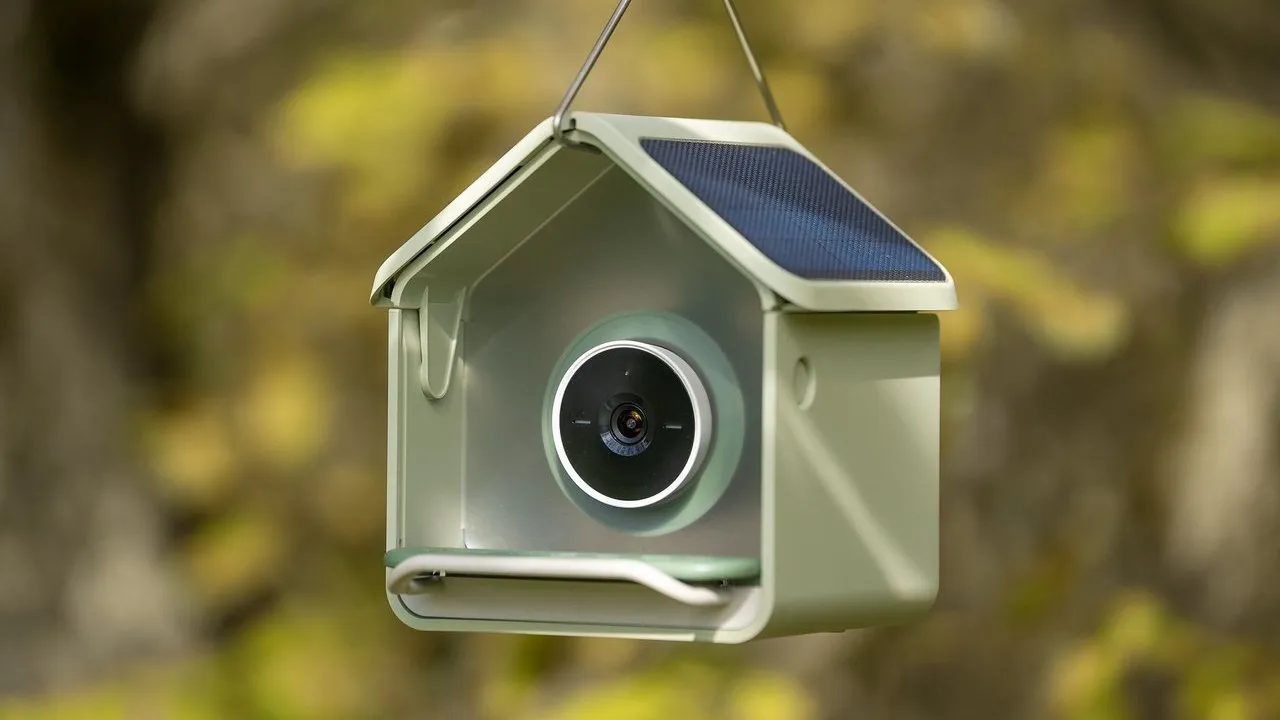 A solar-powered birdhouse with a built-in camera hanging outdoors.