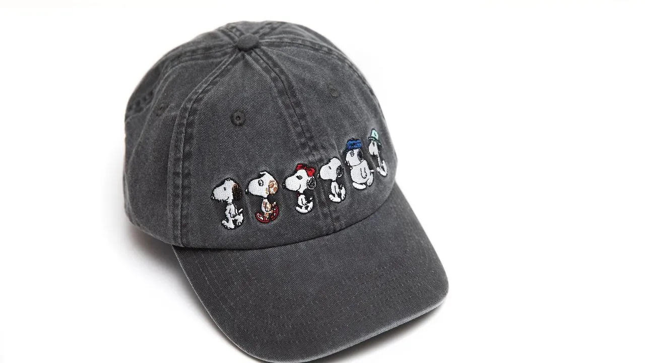 Dark gray baseball cap embroidered with six Snoopy characters across the front.