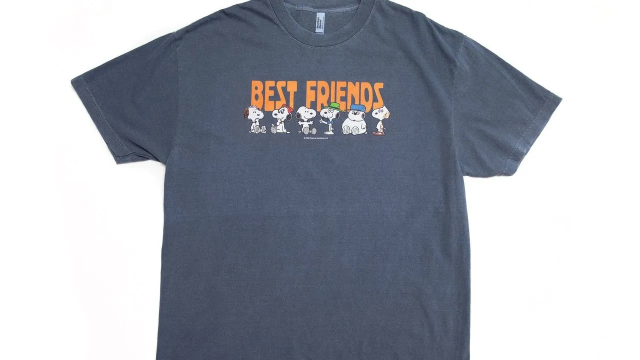 Charcoal gray T-shirt with “BEST FRIENDS” and Snoopy characters across the chest.
