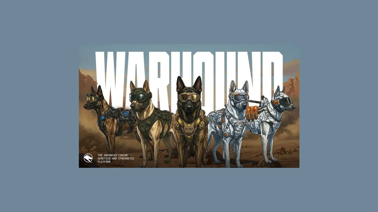 Five tactical dogs in goggles and armored gear beneath the word “WARHOUND.”