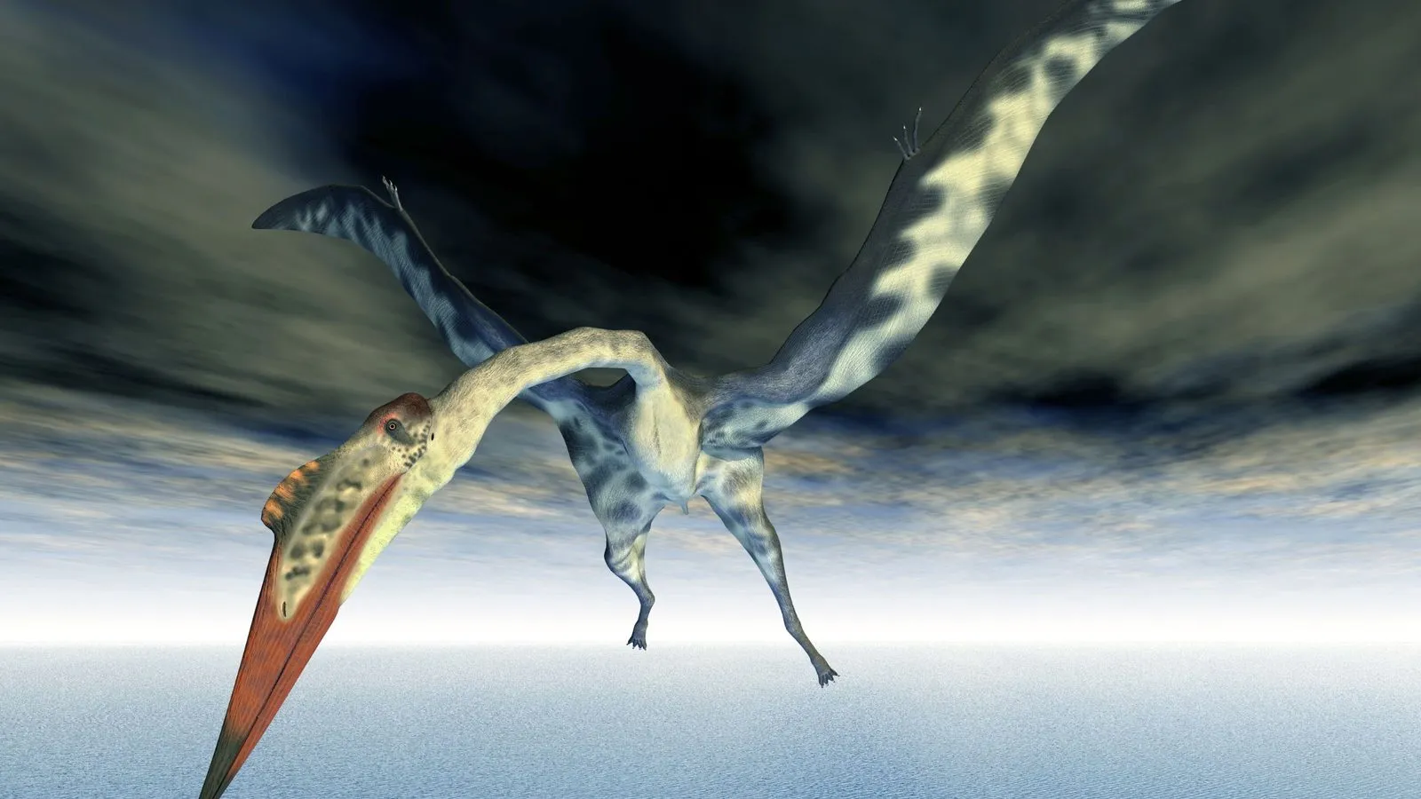 A computer reconstruction of Quetzalcoatlus, a giant pterosaur with a long beak and neck, flying low over water